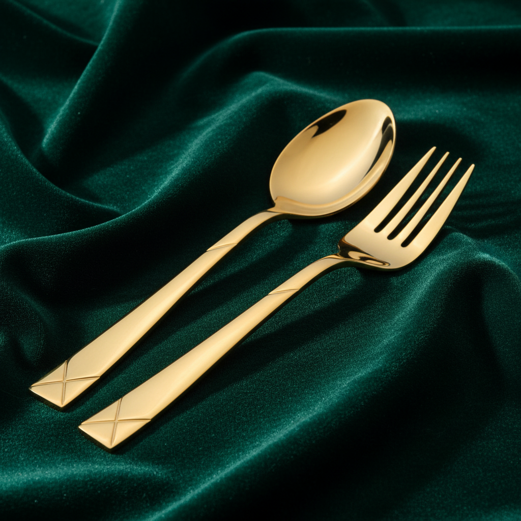 Gold cutlery on green velvet