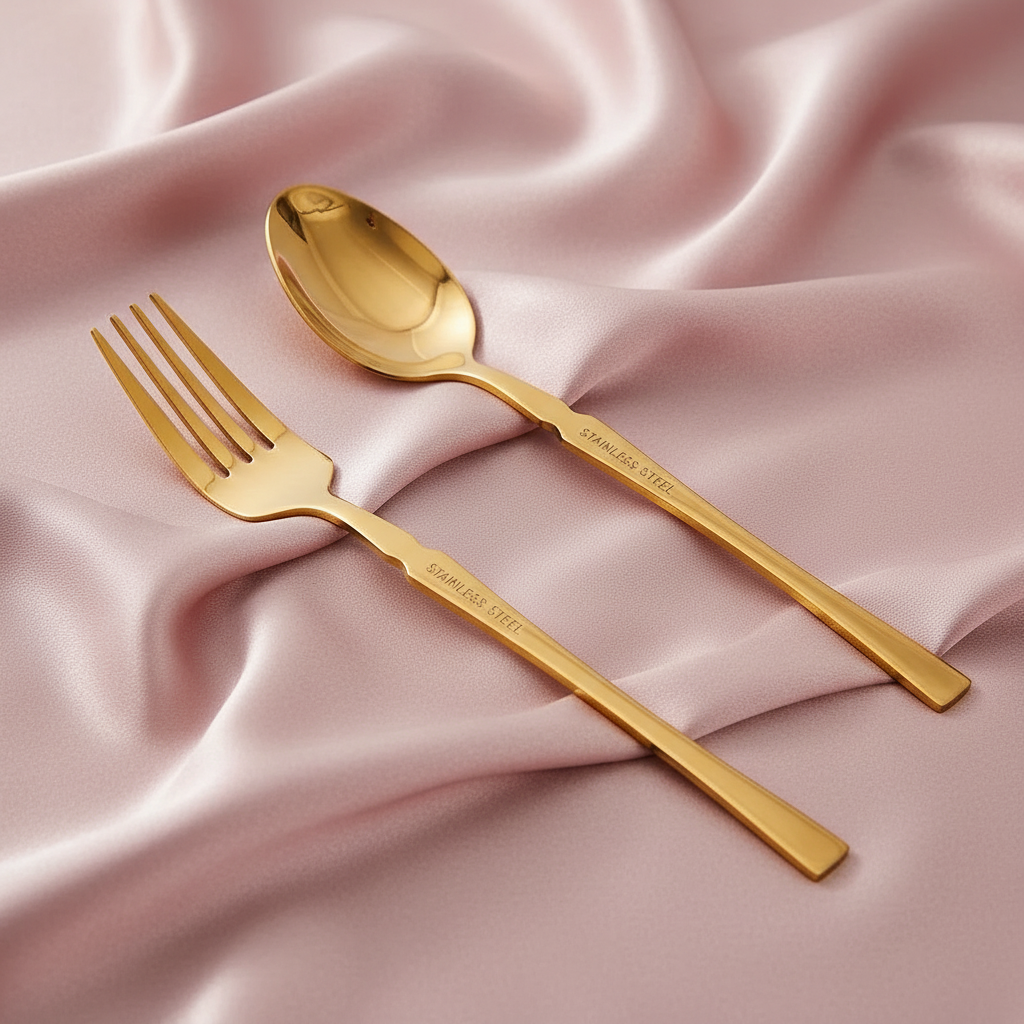 Gold serving pieces on blush silk