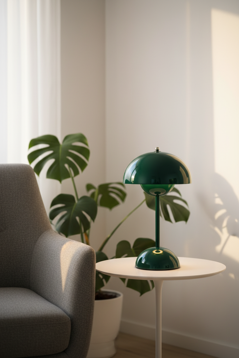 Green lamp in modern reading nook