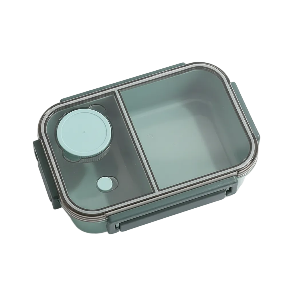 Green lunch box top-down view white background