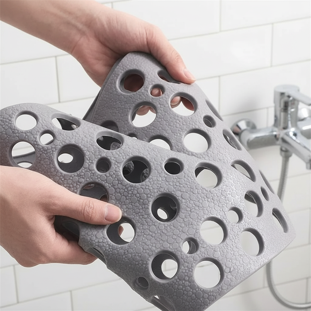 Hands holding mat - white subway tiles