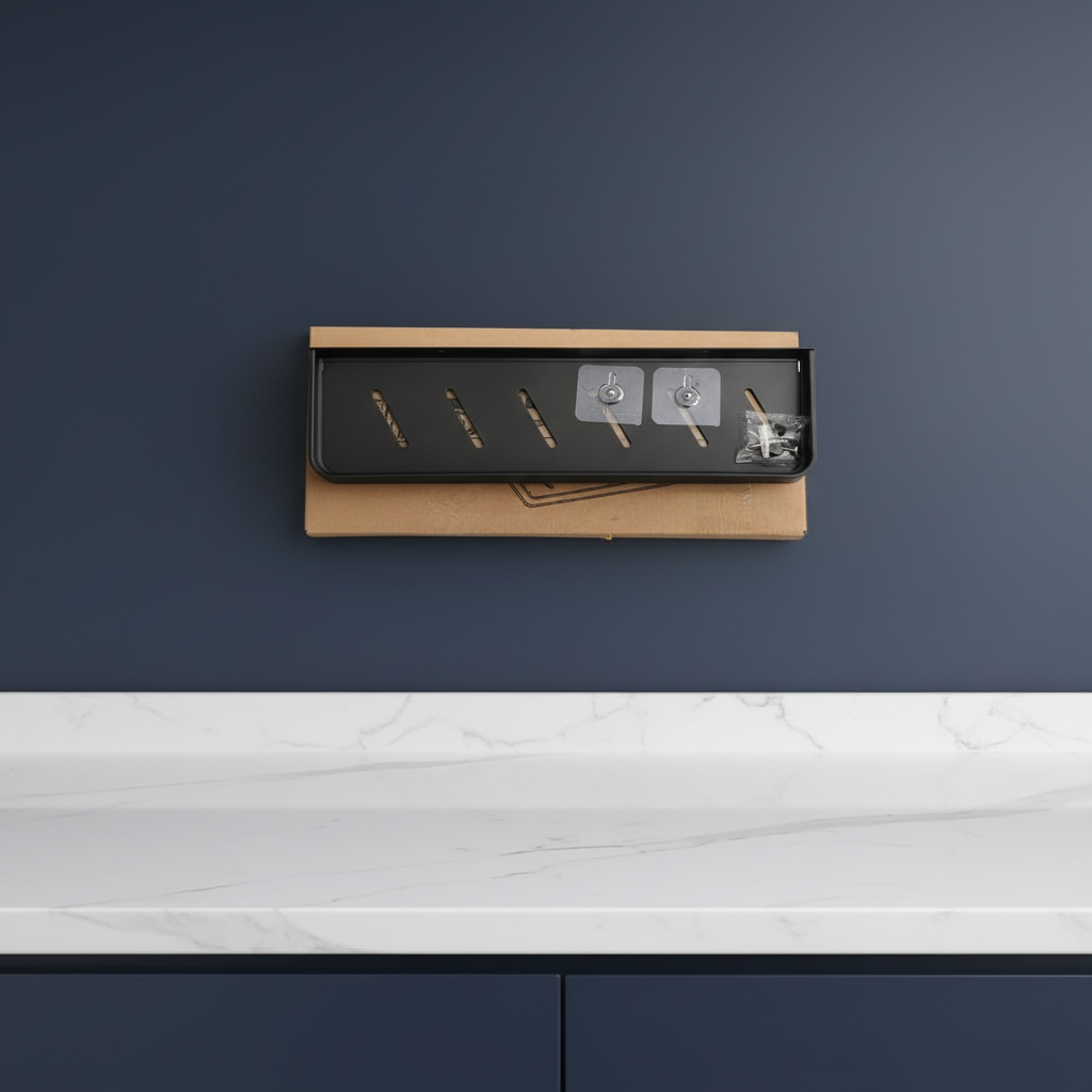 Kitchen shelf - navy blue walls