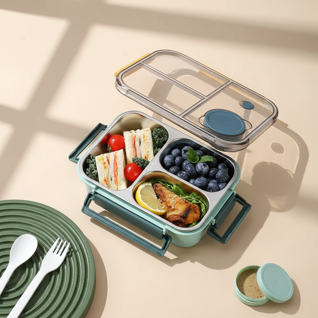 Lunch box flat lay overhead with shadows