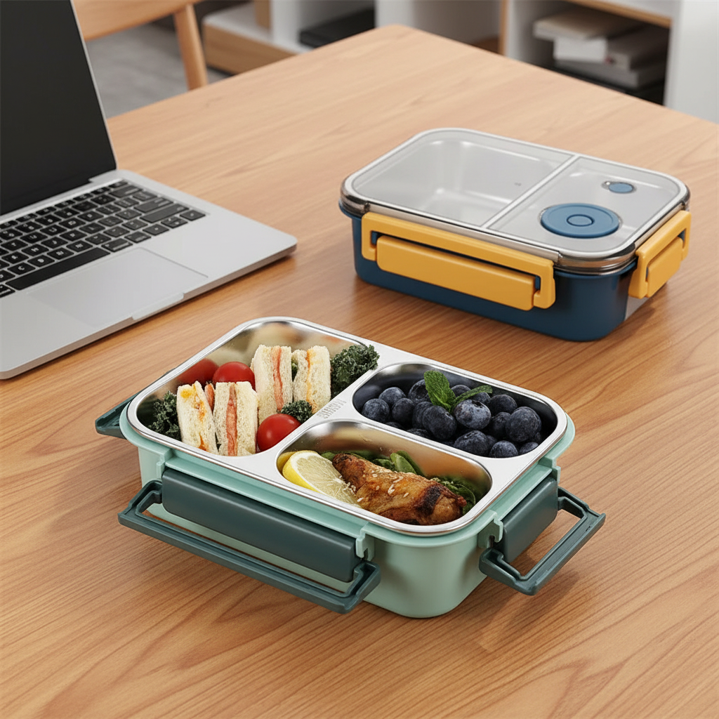 Lunch box on office desk overhead view