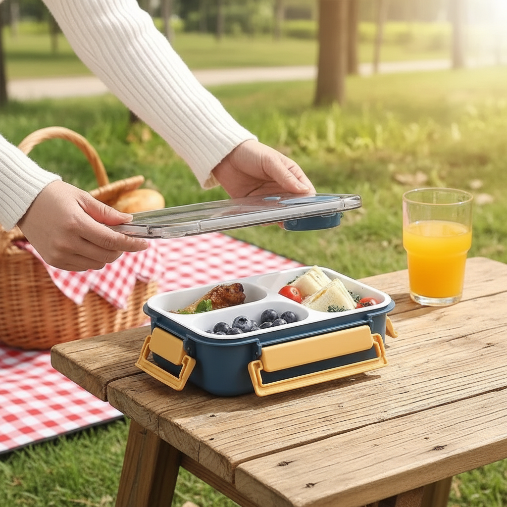 Lunch box outdoor picnic with hand opening lid