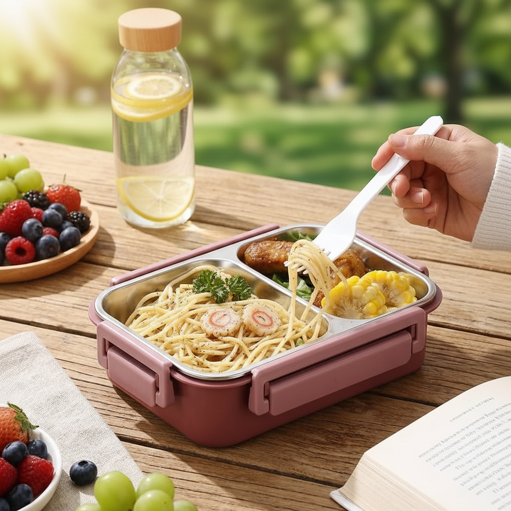 Lunch box with hand eating side view