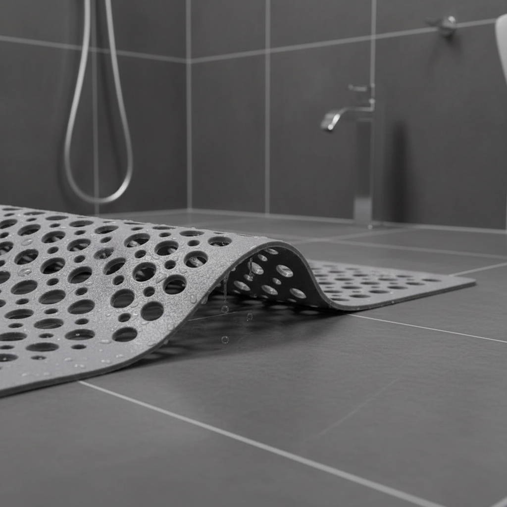 Mat detail - dark gray bathroom