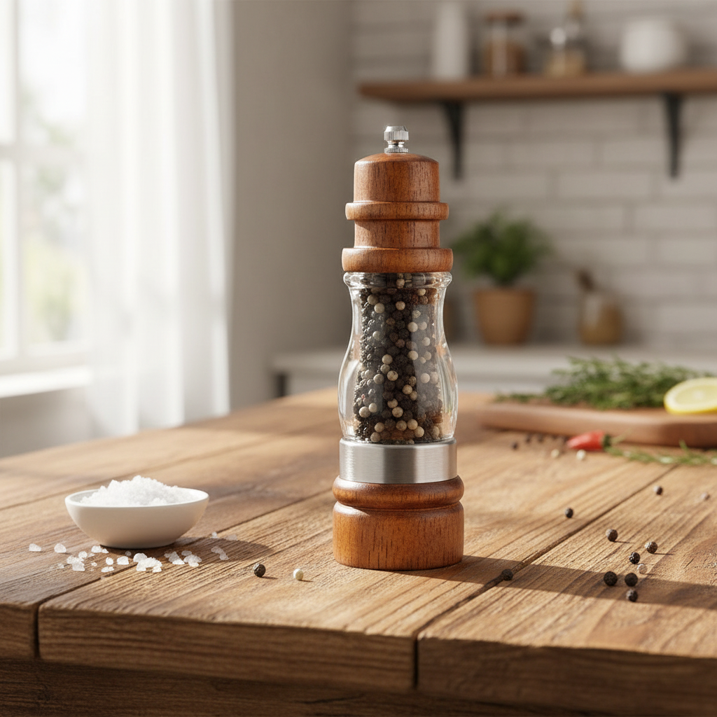 Pepper grinder on rustic wooden table