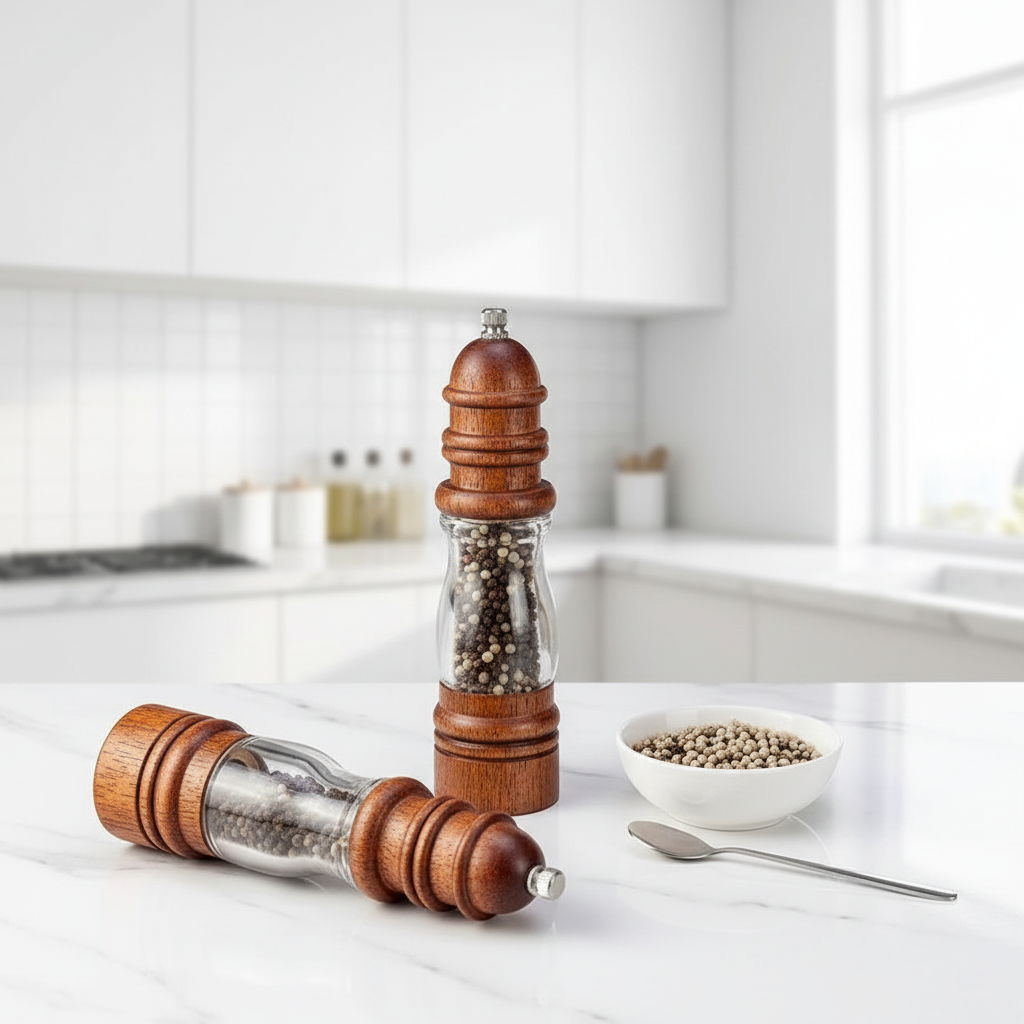 Pepper grinder on white marble countertop