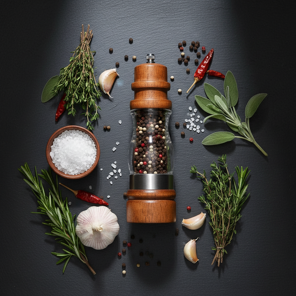 Pepper grinder top-down on slate surface