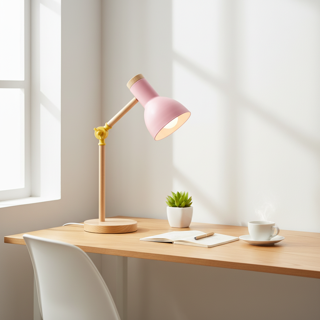 Pink lamp in bright home office