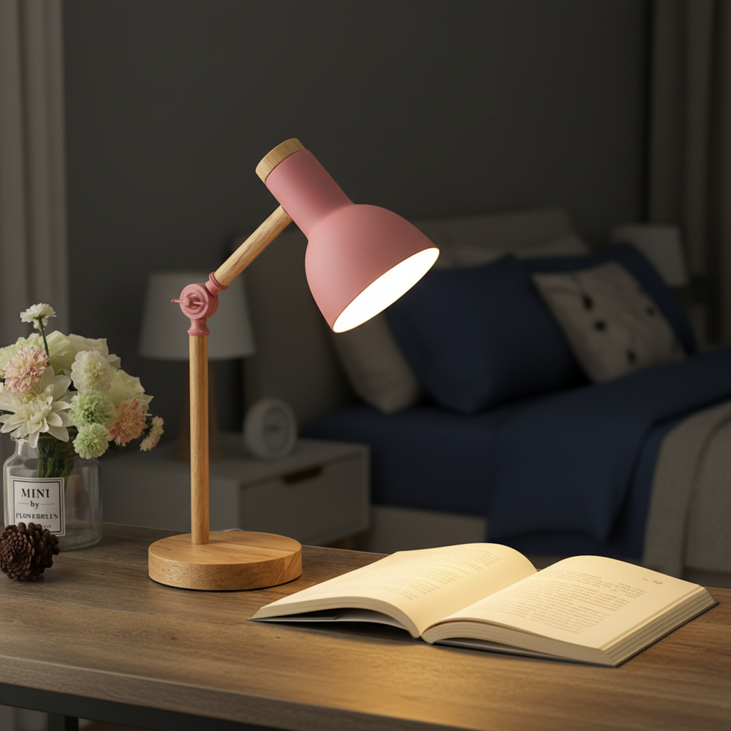 Pink lamp with dark walls evening setting