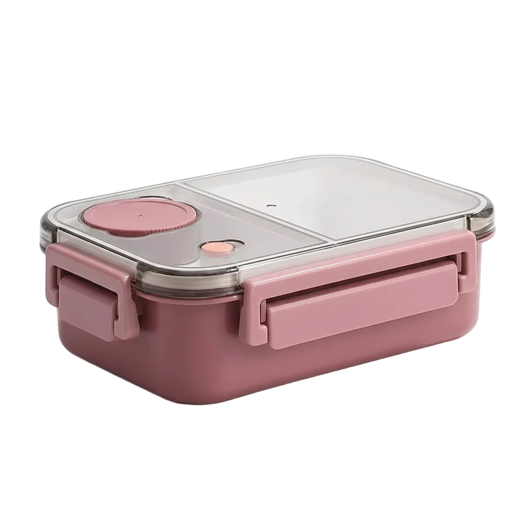 Pink lunch box three-quarter angle white background