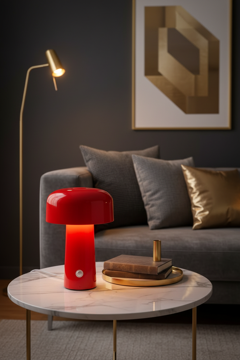Red lamp - charcoal gray walls