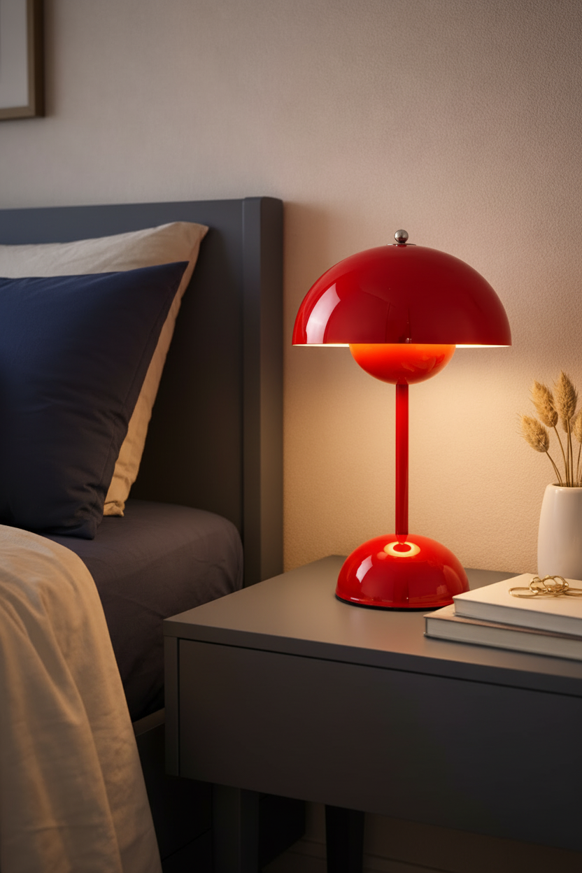 Red lamp on bedroom nightstand