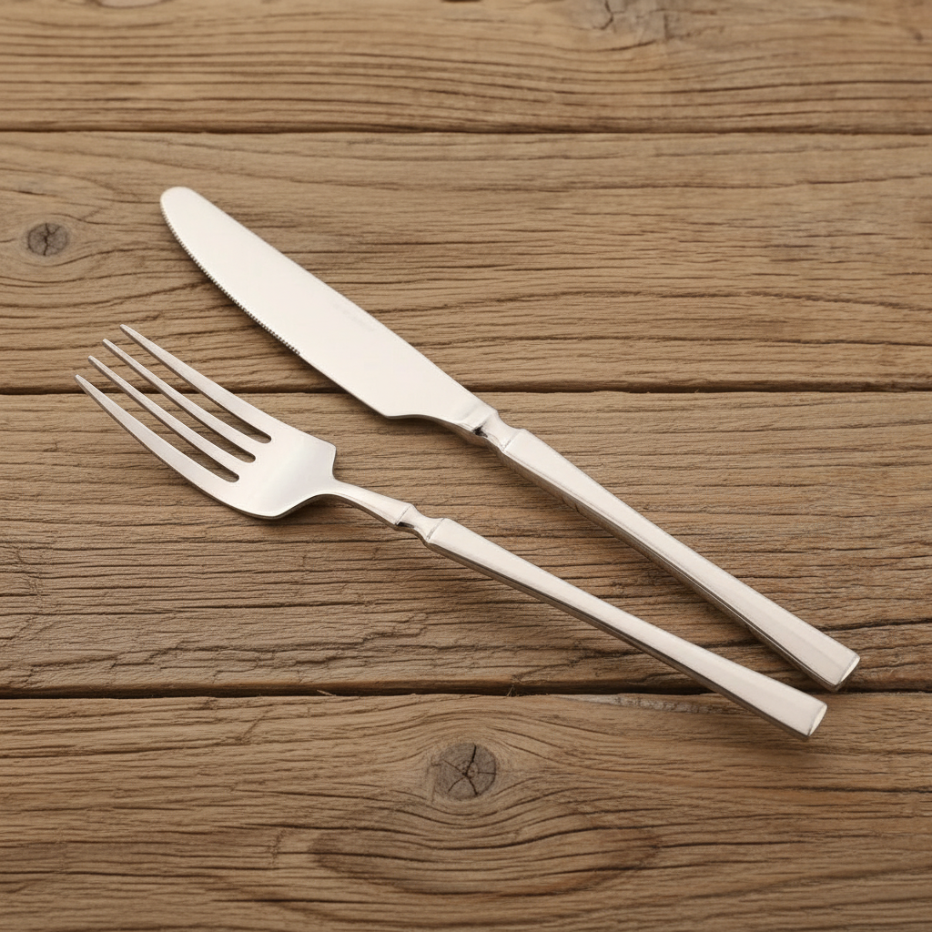 Silver cutlery on oak wood