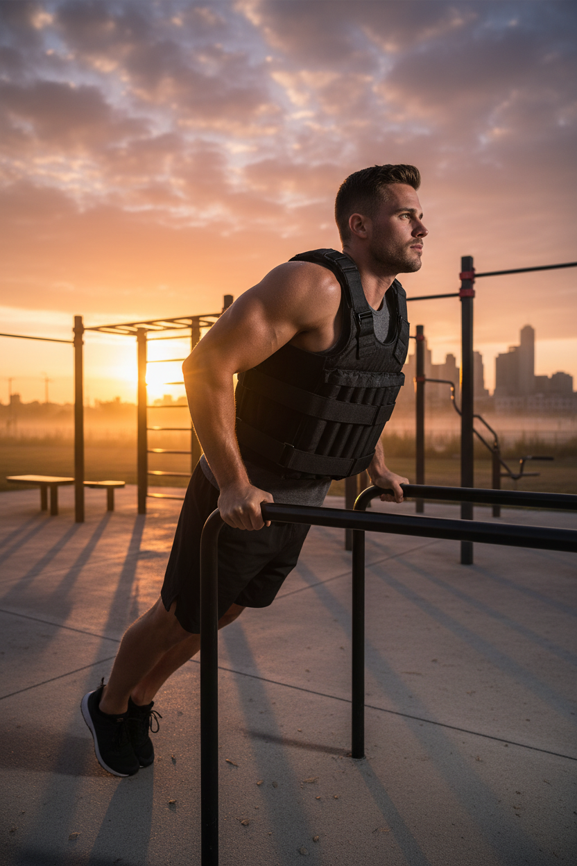 Weighted Training Vest in outdoor fitness setting at sunrise