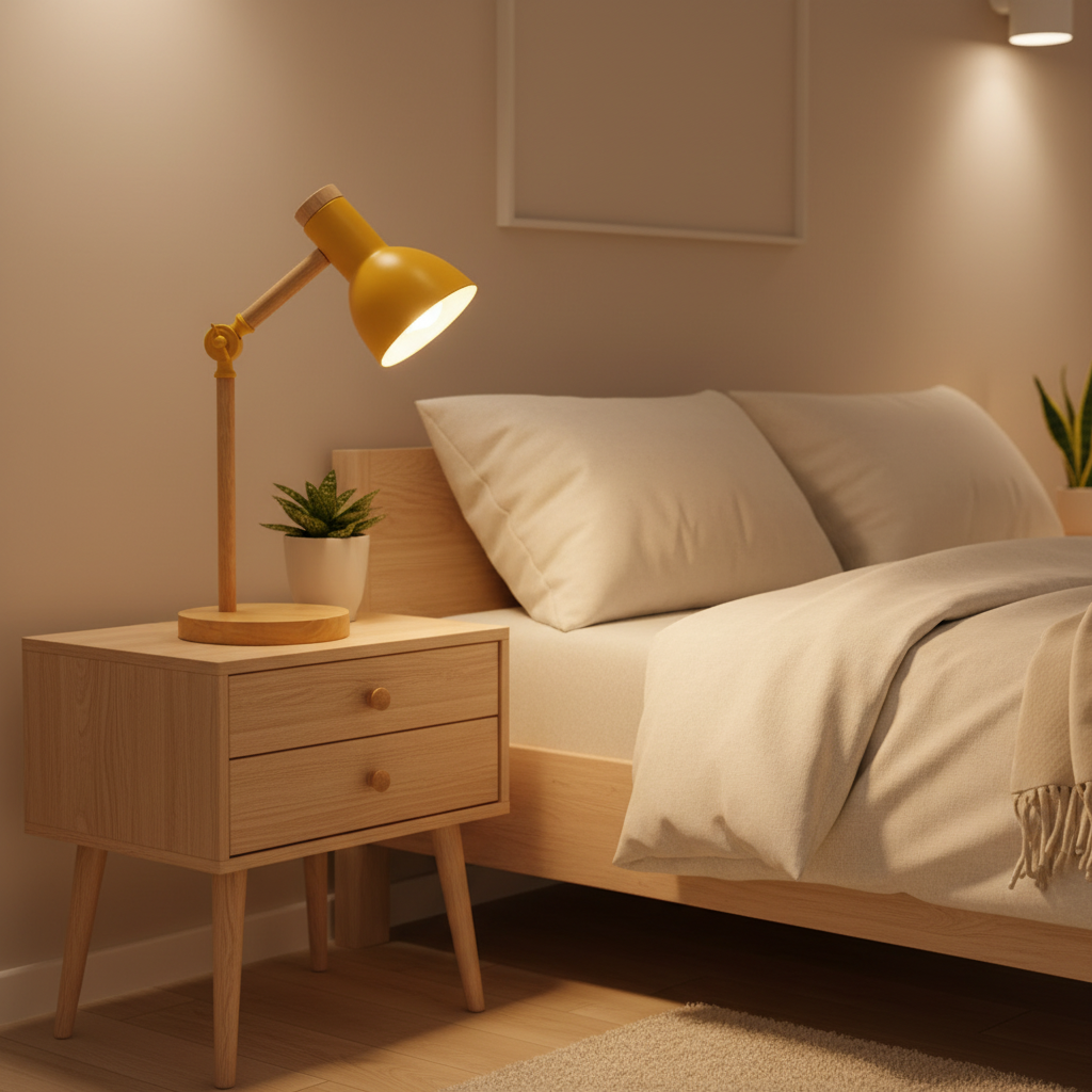 Yellow lamp on bedroom nightstand