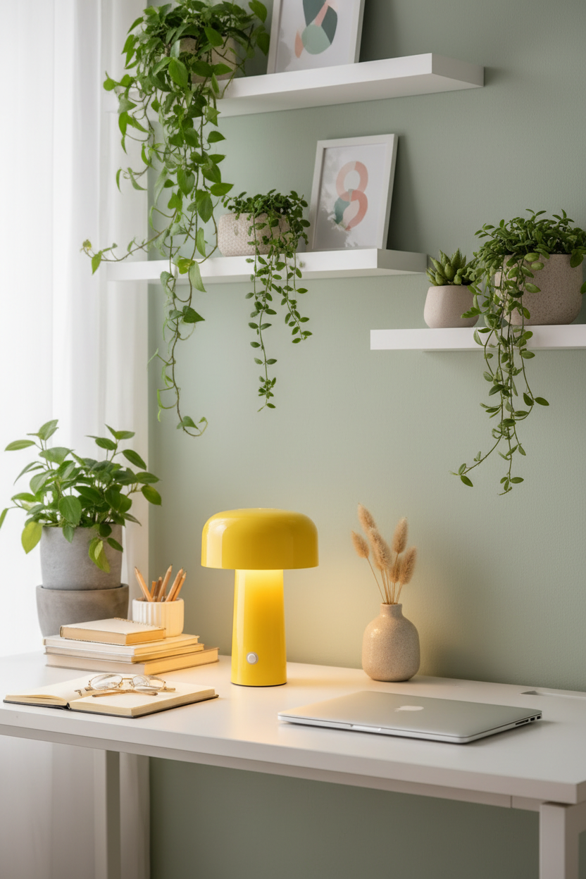 Yellow lamp - sage green walls